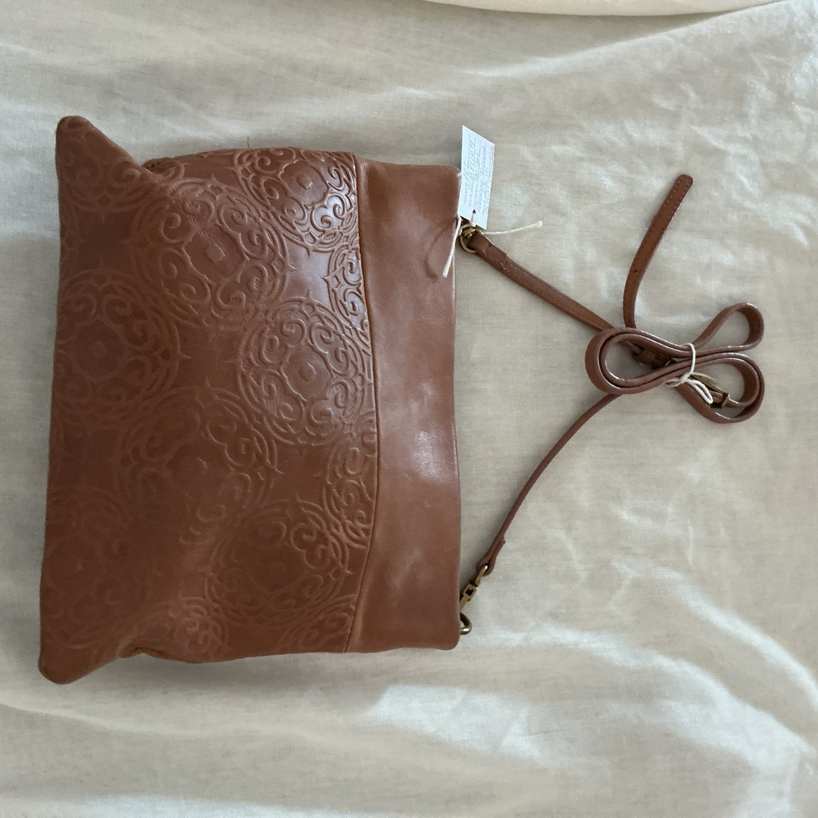 Vtg THE SAK Brown Leather Tomboy Crossbody Embossed Design Black/Pink Interior