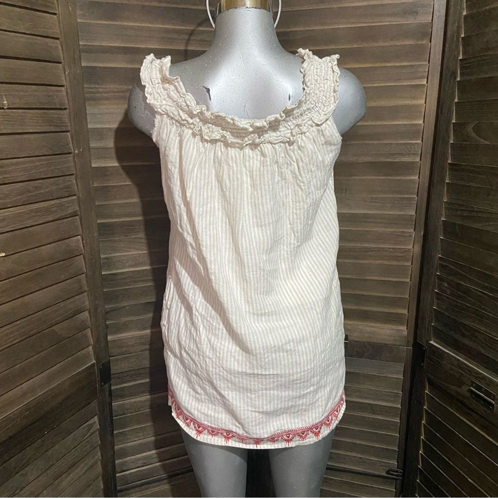 TJD Embroidered Linen Sleeveless Tunic Mini Dress Mexican Peasant Pockets Small