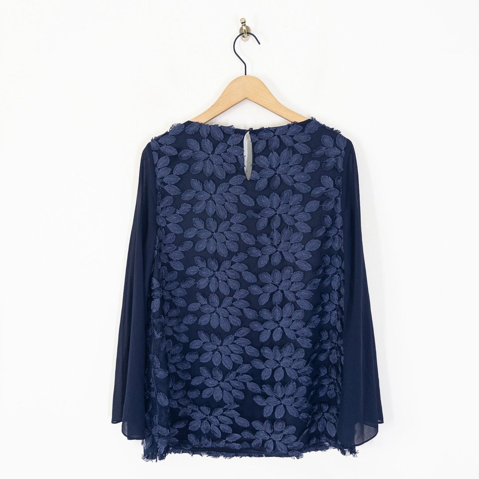 Jacques Vert Navy Floral Applique Blouse Size 14 Wide Sleeve Chiffon Top