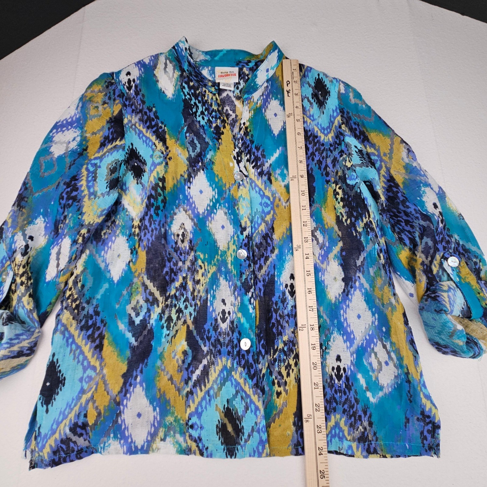 Ruby Rd Favorites Womens 12 Blue Yellow Ikat Geometric Boho Artsy Blouse Top