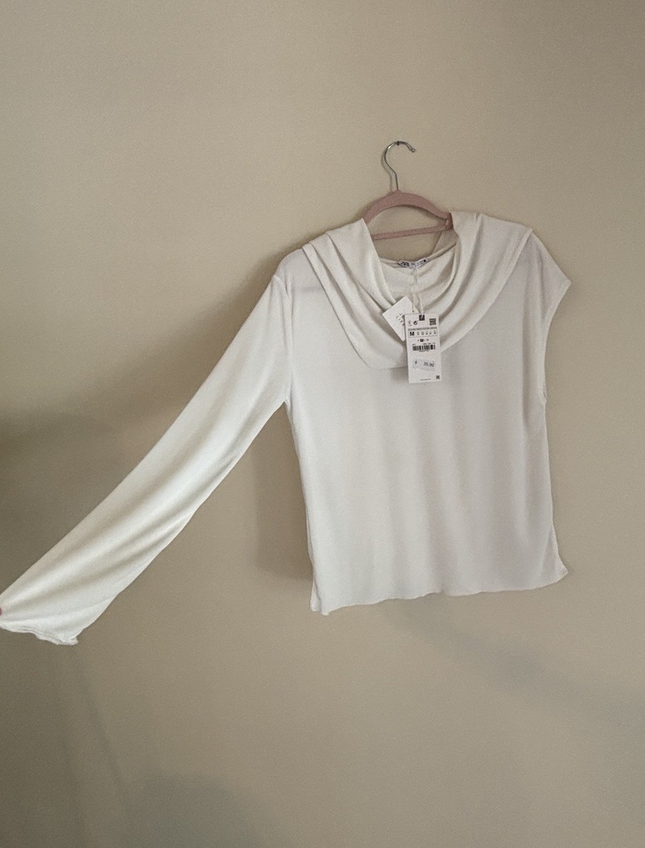 Zara Ivory Draped Cowl Neck Knit Top Long Sleeve Pullover Solid Womens M