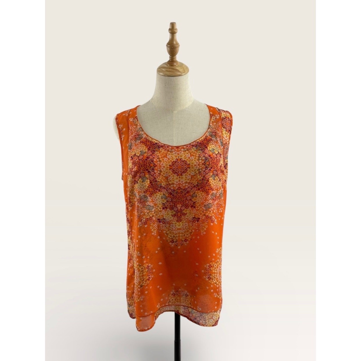 CAbi Romantic Merrow Edge Floral Orange Sheer Top, Size Med