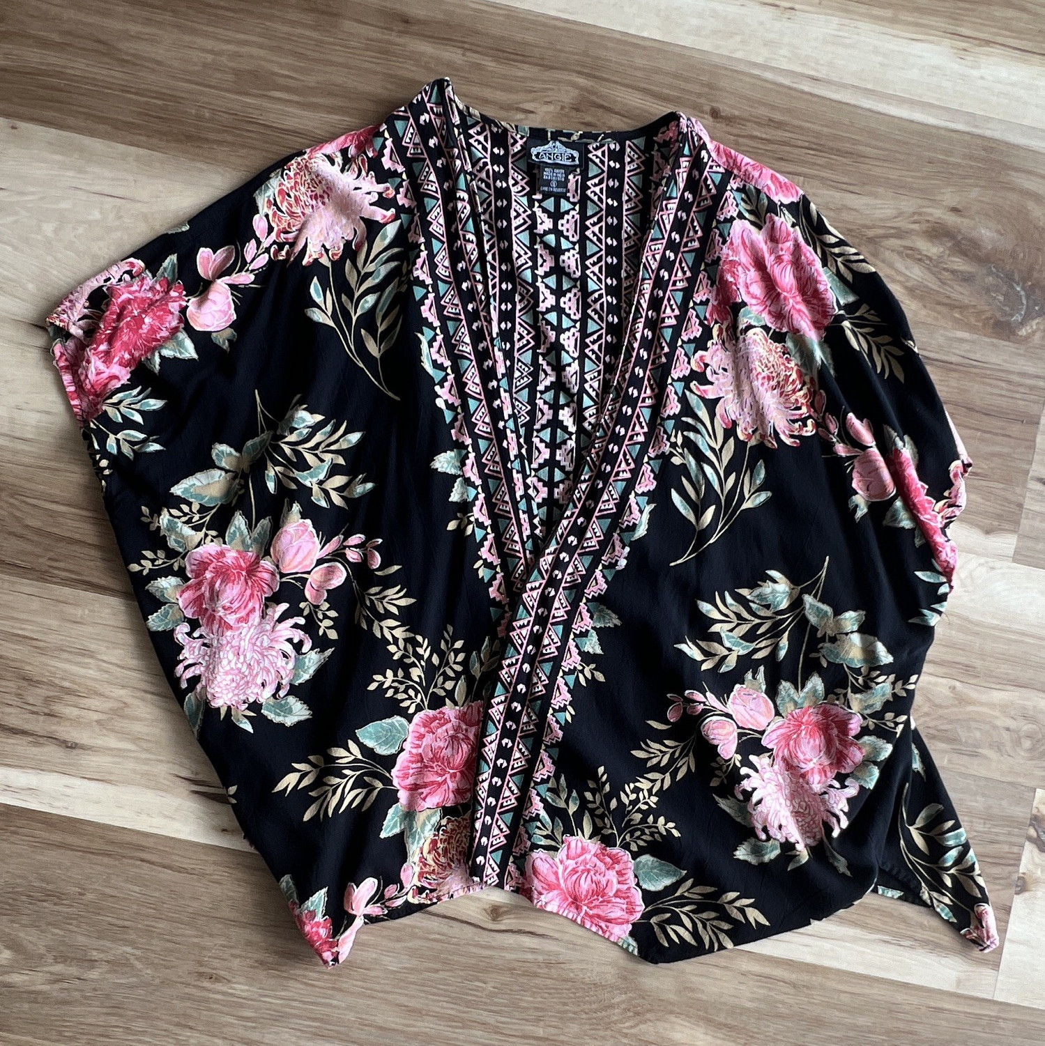 ANGIE Women’s S Black Floral Woven Rayon Kimono Top Cardigan