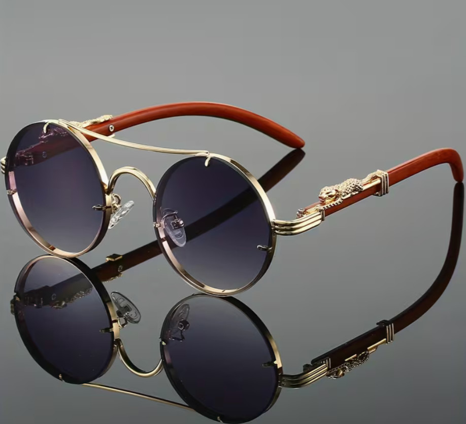 Luxury Unisex Round Sunglasses Gold Metal Frame Gradient Lenses Leopard Detail