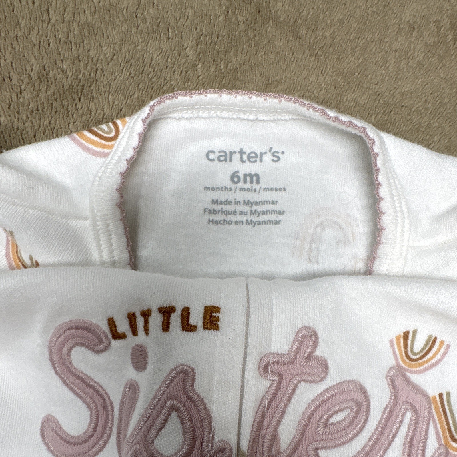 Carter’s 6 Months Girls White Rainbow Footed One Piece Sleeper “Little Sister”