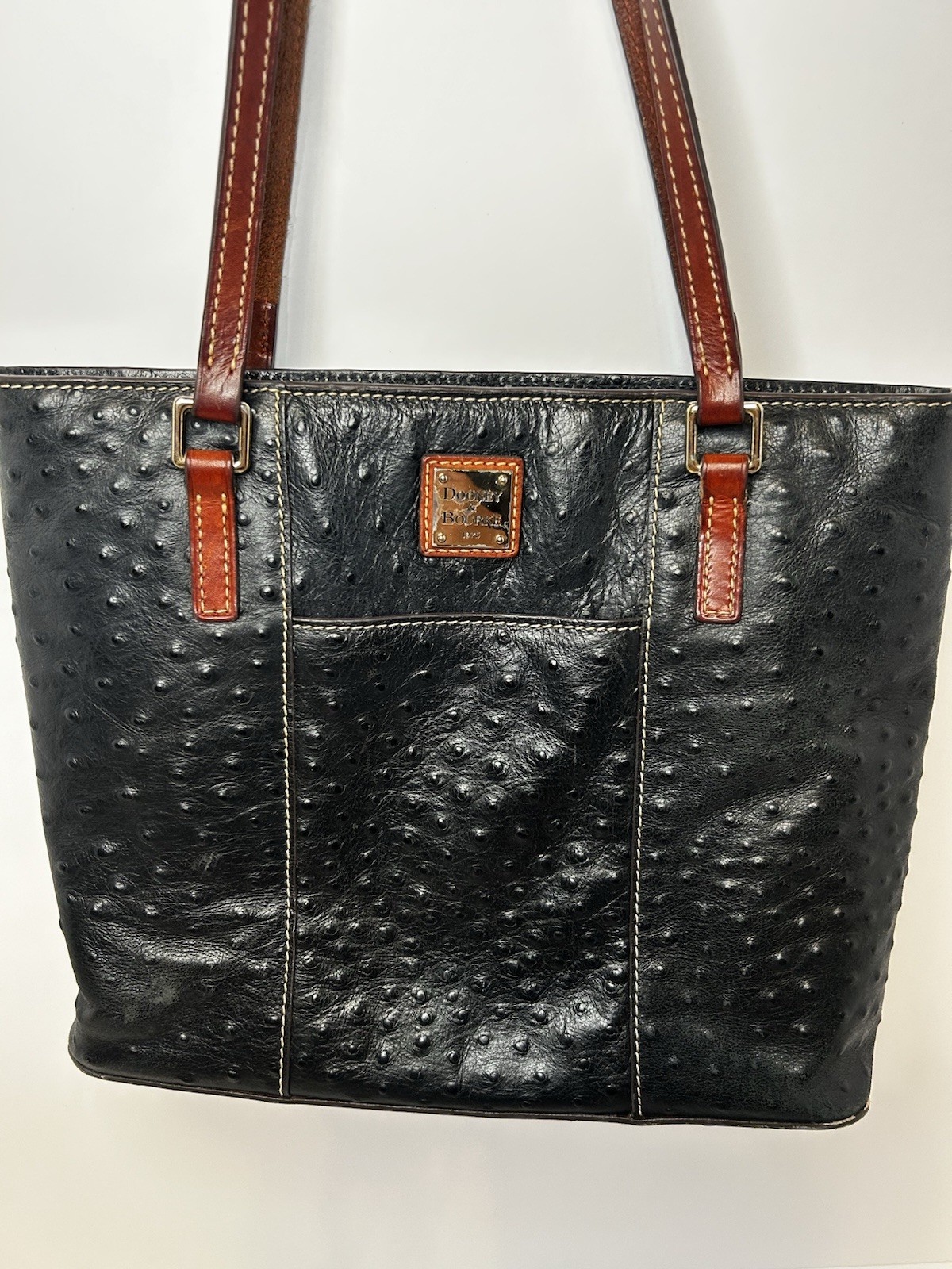 Dooney & Bourke Black Ostrich Tote, Zip, Red Lined, Brown Straps, Gold HW