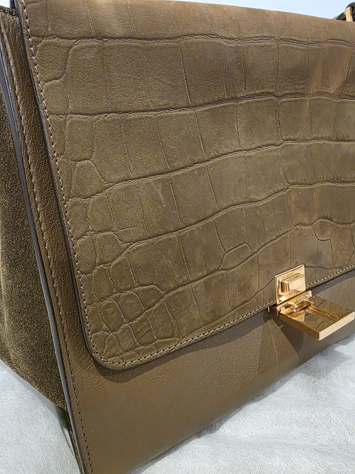 Auth CELINE Croc Leather Suede Trapeze Bag Olive Khaki Top Handle Pristine