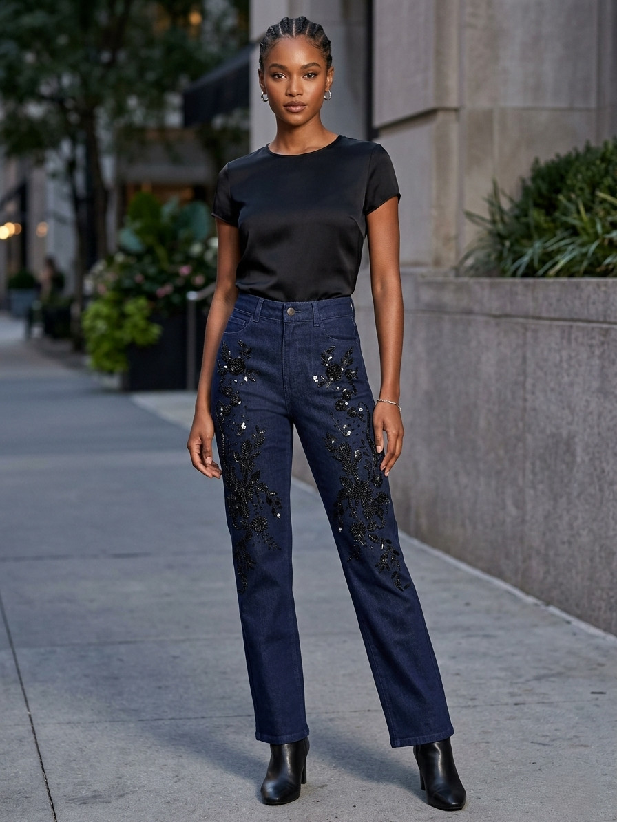 Stassi Floral Sequin Jean Indigo, Black and Pearl, Samples The Noli Shop