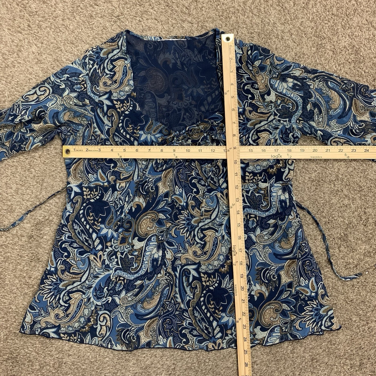 Vintage Y2K Top Womens Medium Blue Paisley Print Sheer Babydoll Feminine Blouse