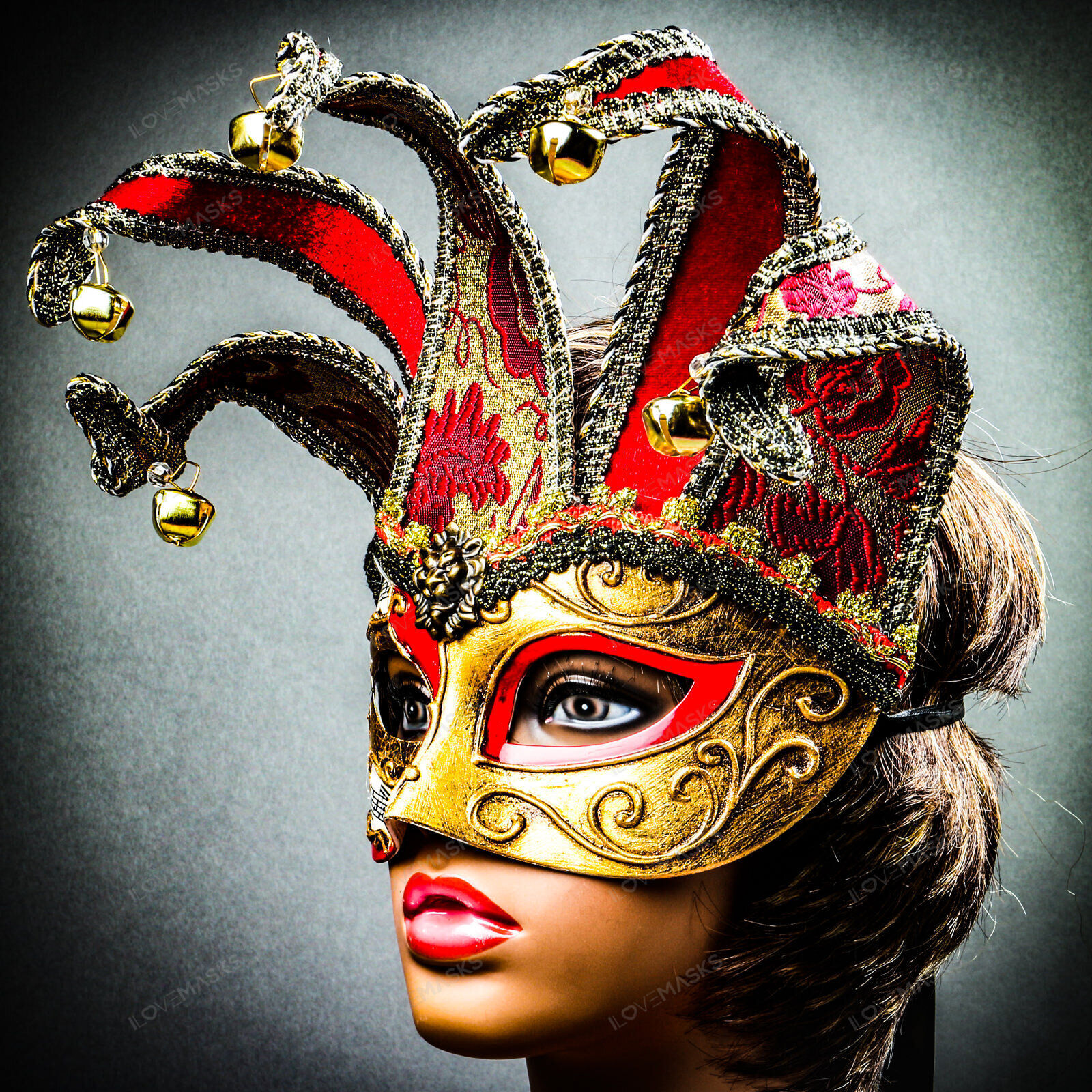 Jester Joker Venetian Musical Eye Mask with Bells – Gold Red Halloween Eye Mask