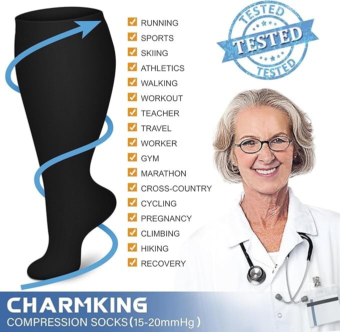 3 Pairs Plus Size Compression Socks for Women & 5X-Large Black/White/White