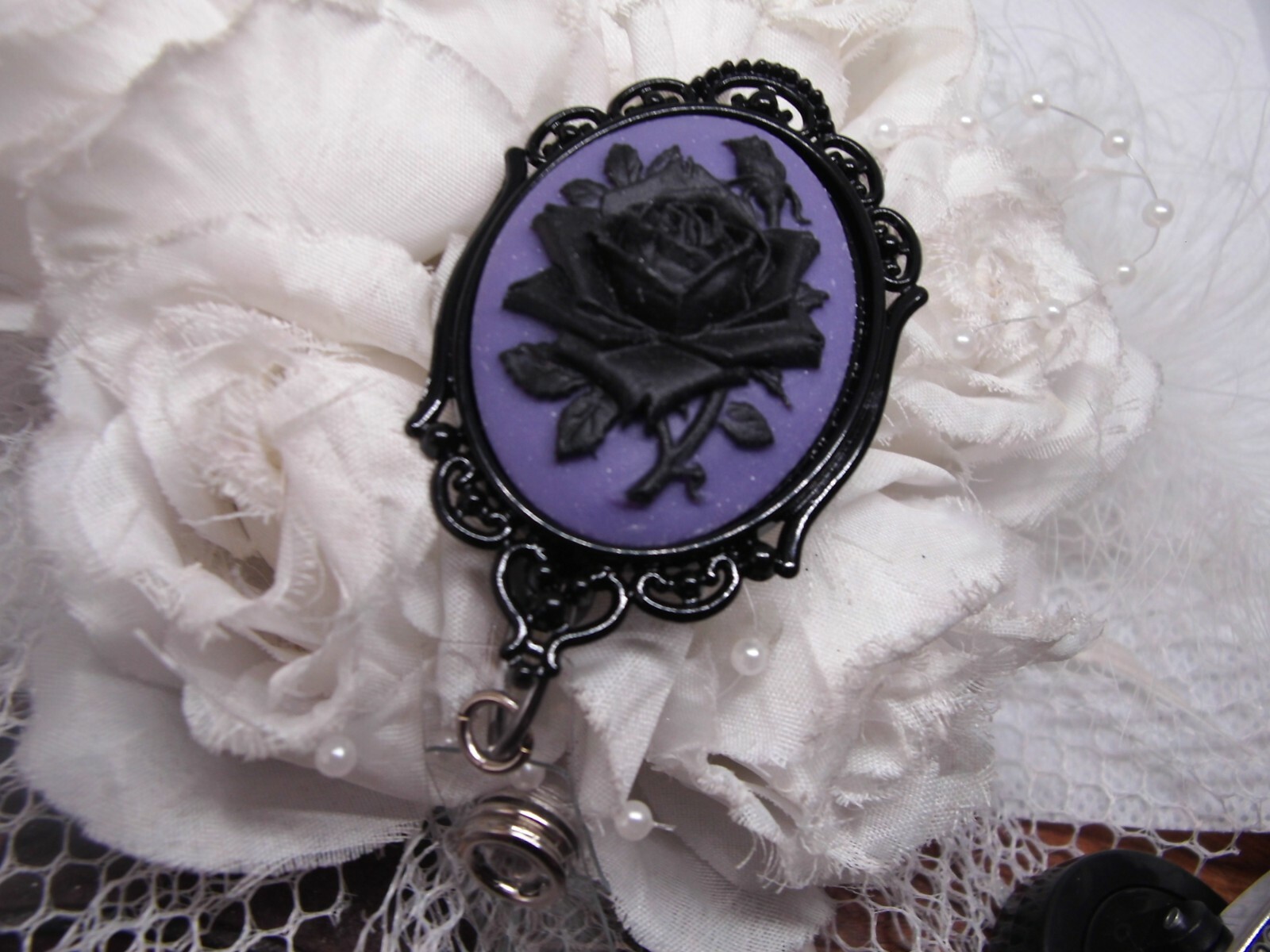 PURPLE BLACK ROSE GOTHIC ROCKABILLY CAMEO ID Badge Tag Holder Retractable Reel