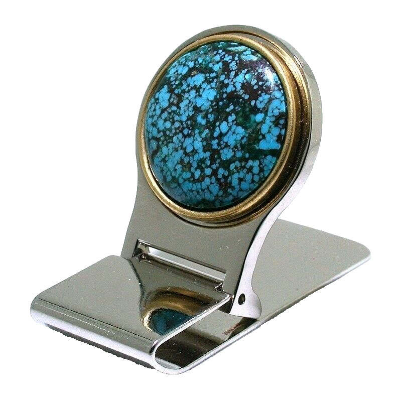 24mm Round Spiderweb Turquoise Steel Gold Color Bezel Hindged Money Clip PMC131