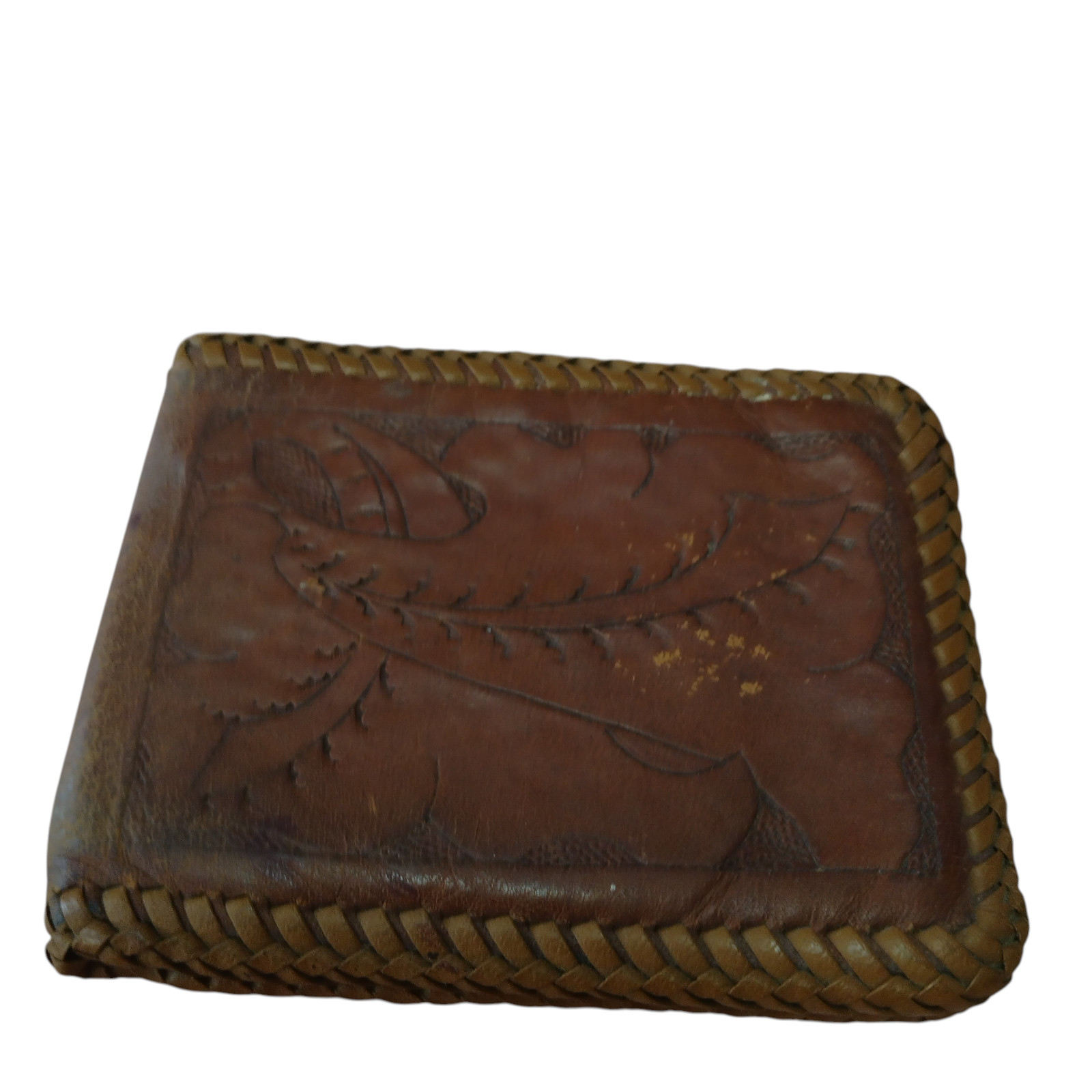 Vintage Tooled Leather Floral Bifold Wallet Brown Classic 3.5 X 4.5 Inches