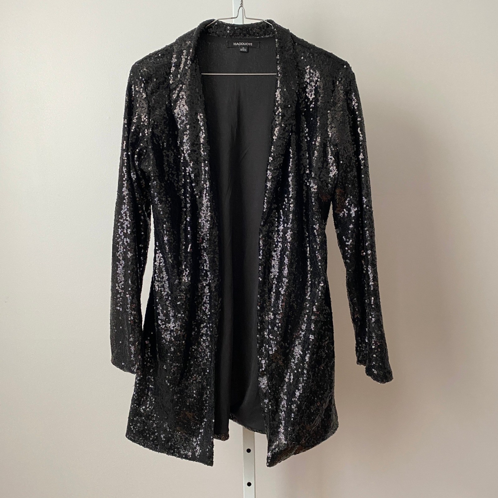 HAODUOYI sz M Black Sequin Open Front Blazer Jacket Whimsigoth Dark Romantic