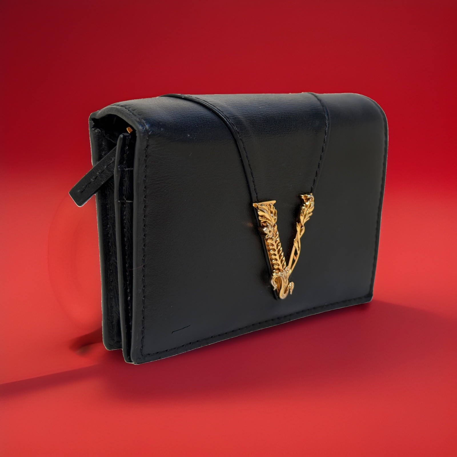 Versace Women’s Black 100% Textured Leather Gold V-Logo Compact Wallet