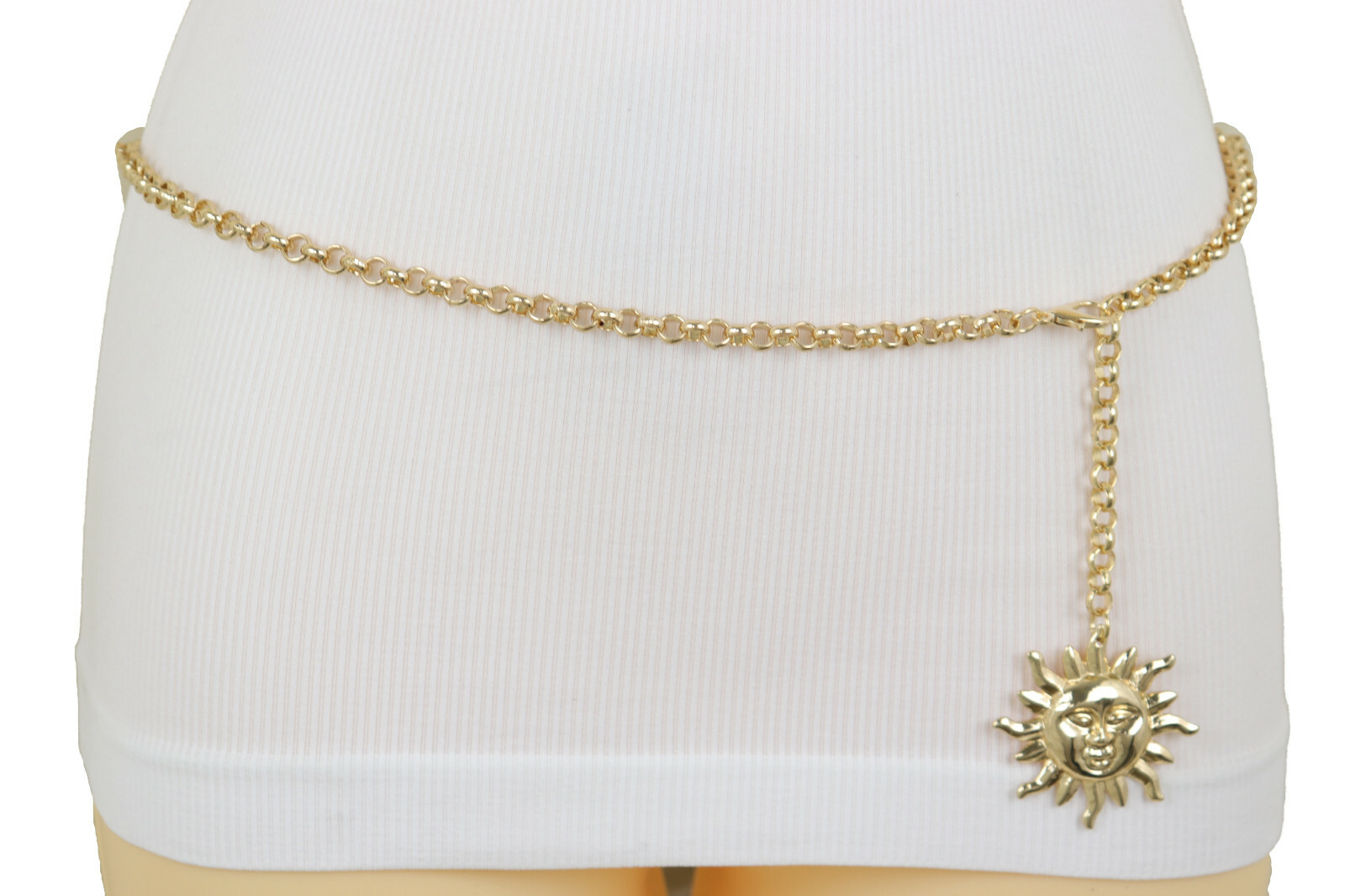 Women Gold Color Metal Chain Links Narrow Belt Adorable Style Sun Charm XS S M