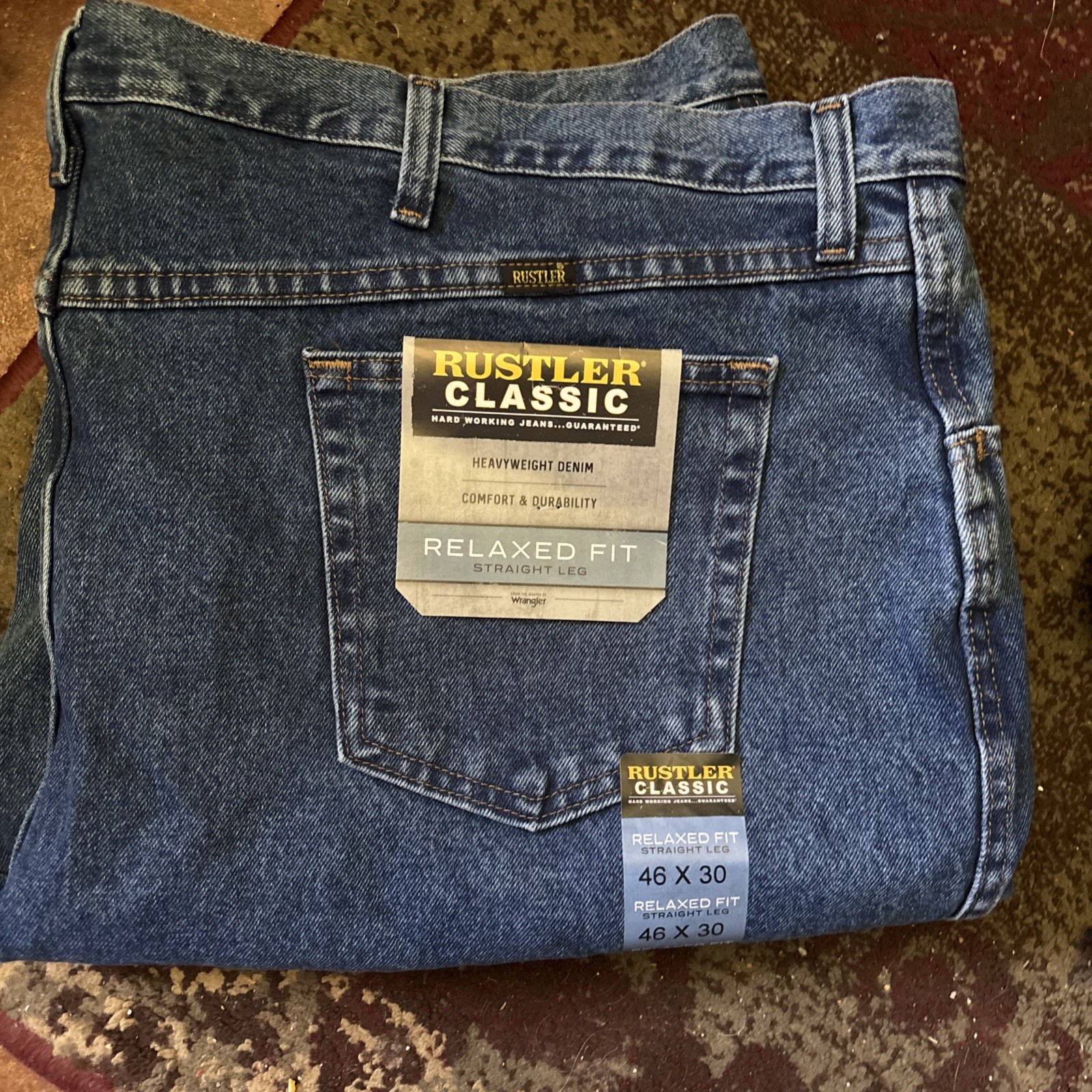 RUSTLER 46×30 Denim Blue Heavyweight Straight Leg Relaxed Fit Jeans