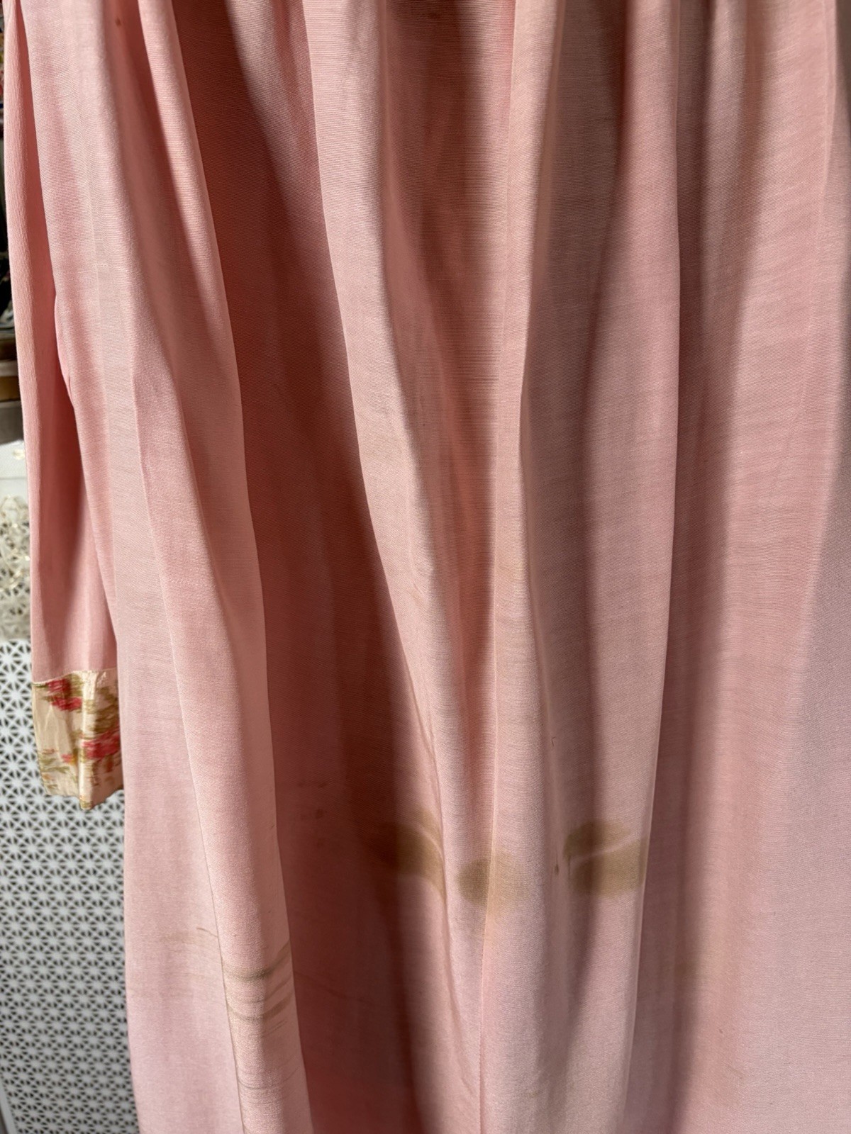 Antique Edwardian Dressing Gown Robe, Shirred Shoulders, Watered Roses Trim