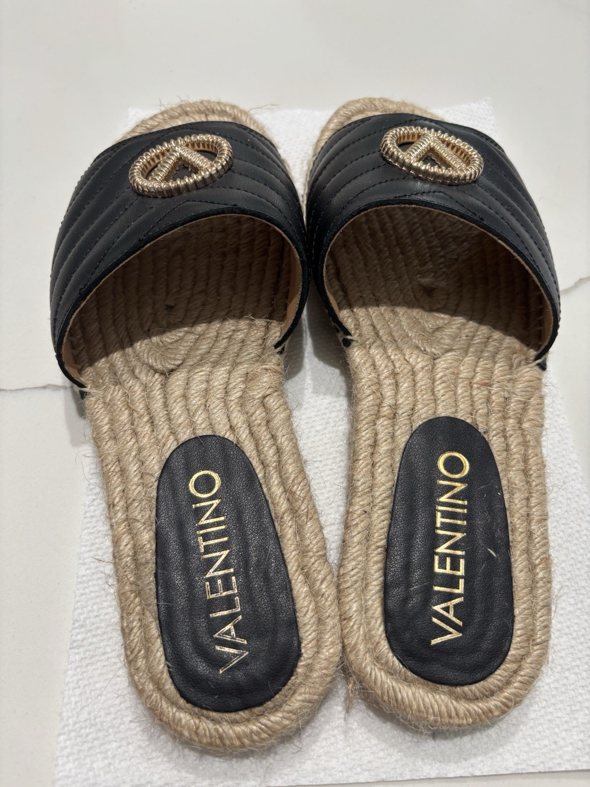 Valentino VLogo Black Leather Espadrille Slide Sandals Women’s US 7 EU 37