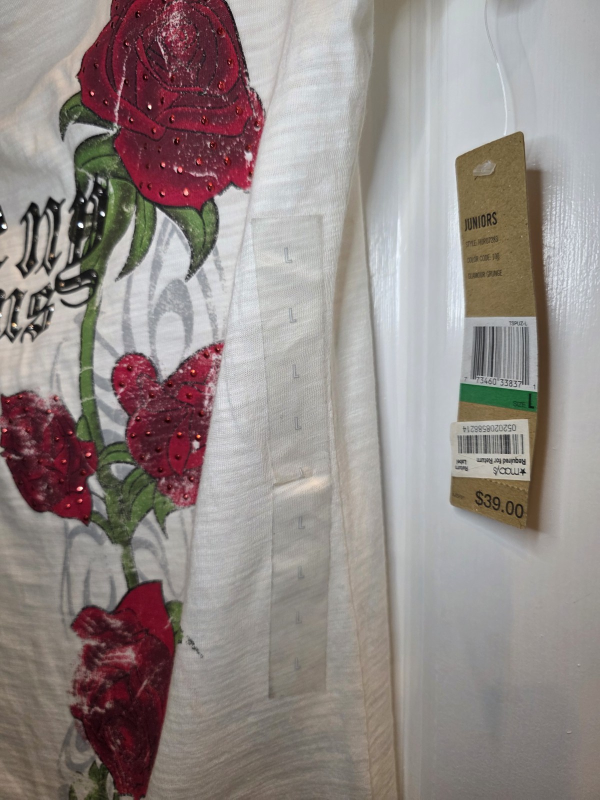 DKNY Jeans L White Red Rose Rhinestone Graphic Knit Scoop Neck Short Sleeve Tee