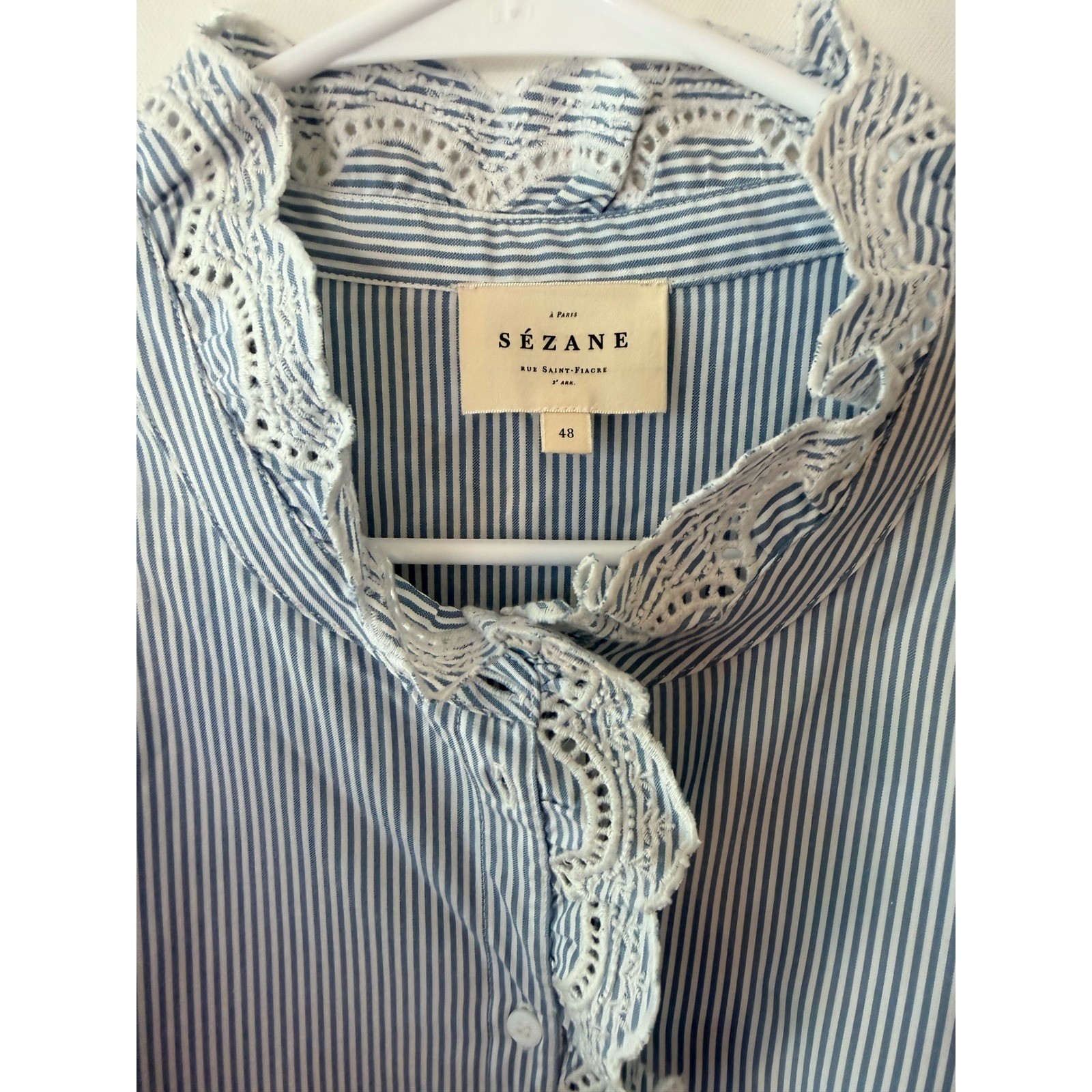 SÉZANE Blue Striped Chlo Blouse Lace Trim Romantic Cottagecore Shirt US Size 16