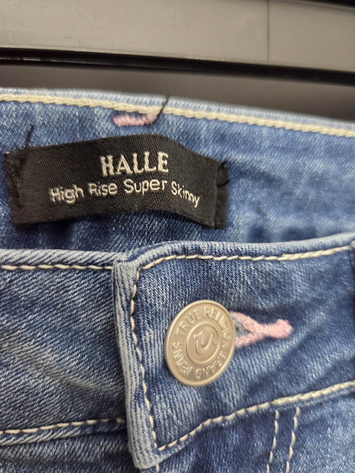 True Religion Crystal Care High Rise Skinny Light Wash Blue Studded Jeans 27