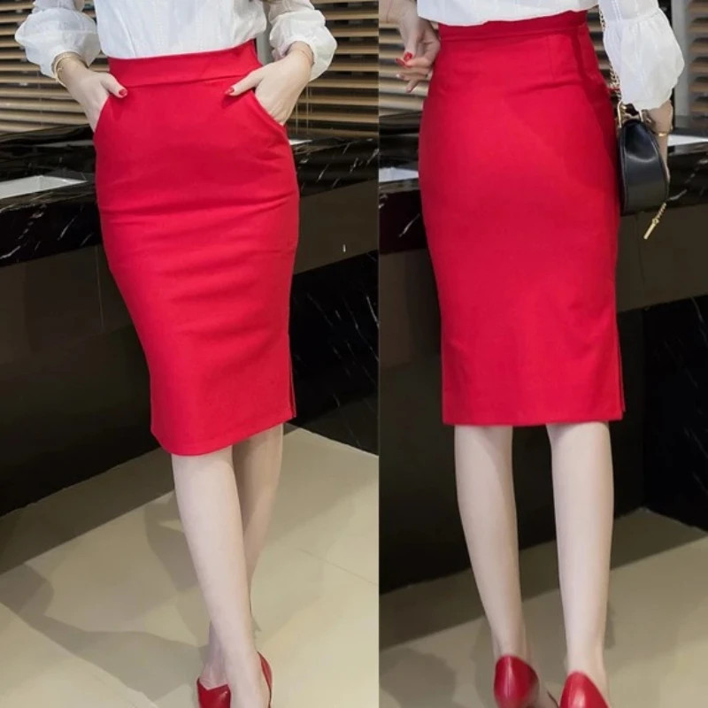 Plus Size High Elastic Autumn New Female Slim High Waist Split OL Hip Package Sk