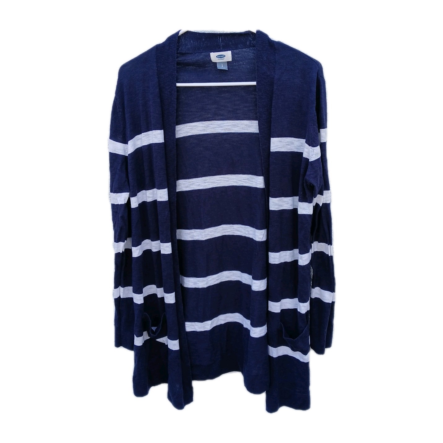 Old Navy Blue White Striped Knit Open Front Cardigan Sweater Pockets Size L