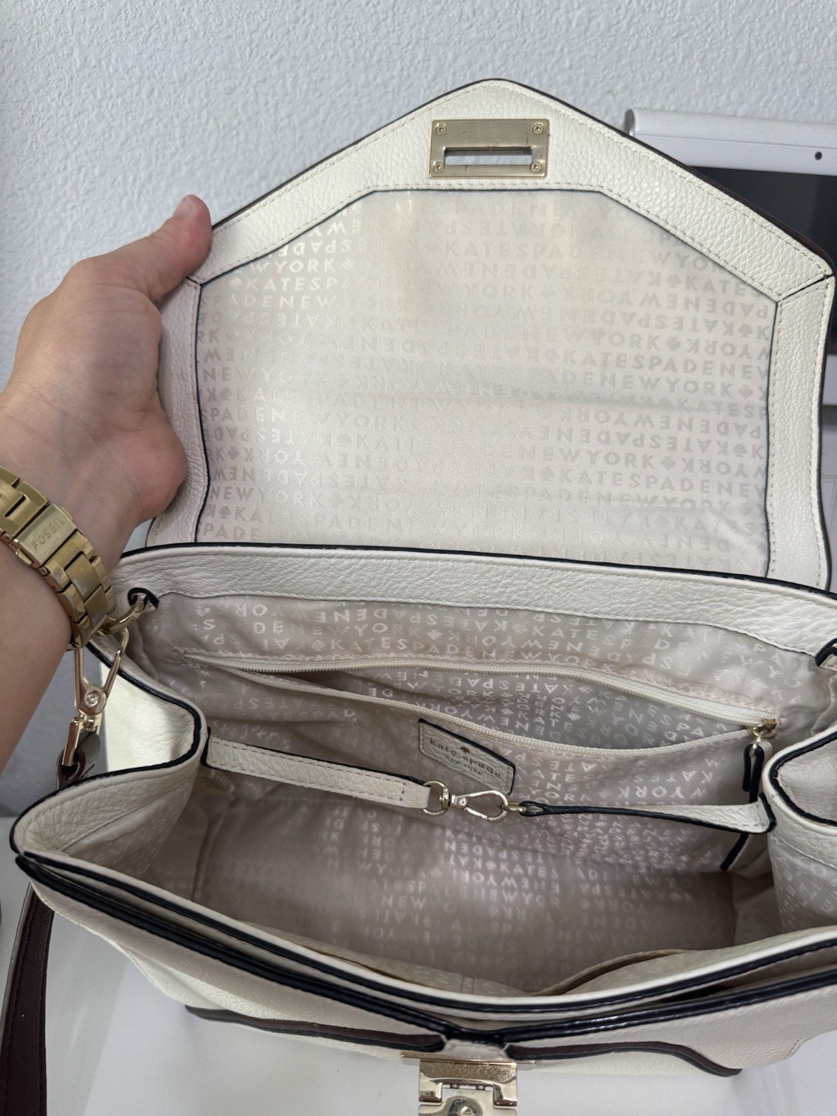 Kate Spade New York Ivory Brown Medium Satchel Top Handle Push Lock Det Strap