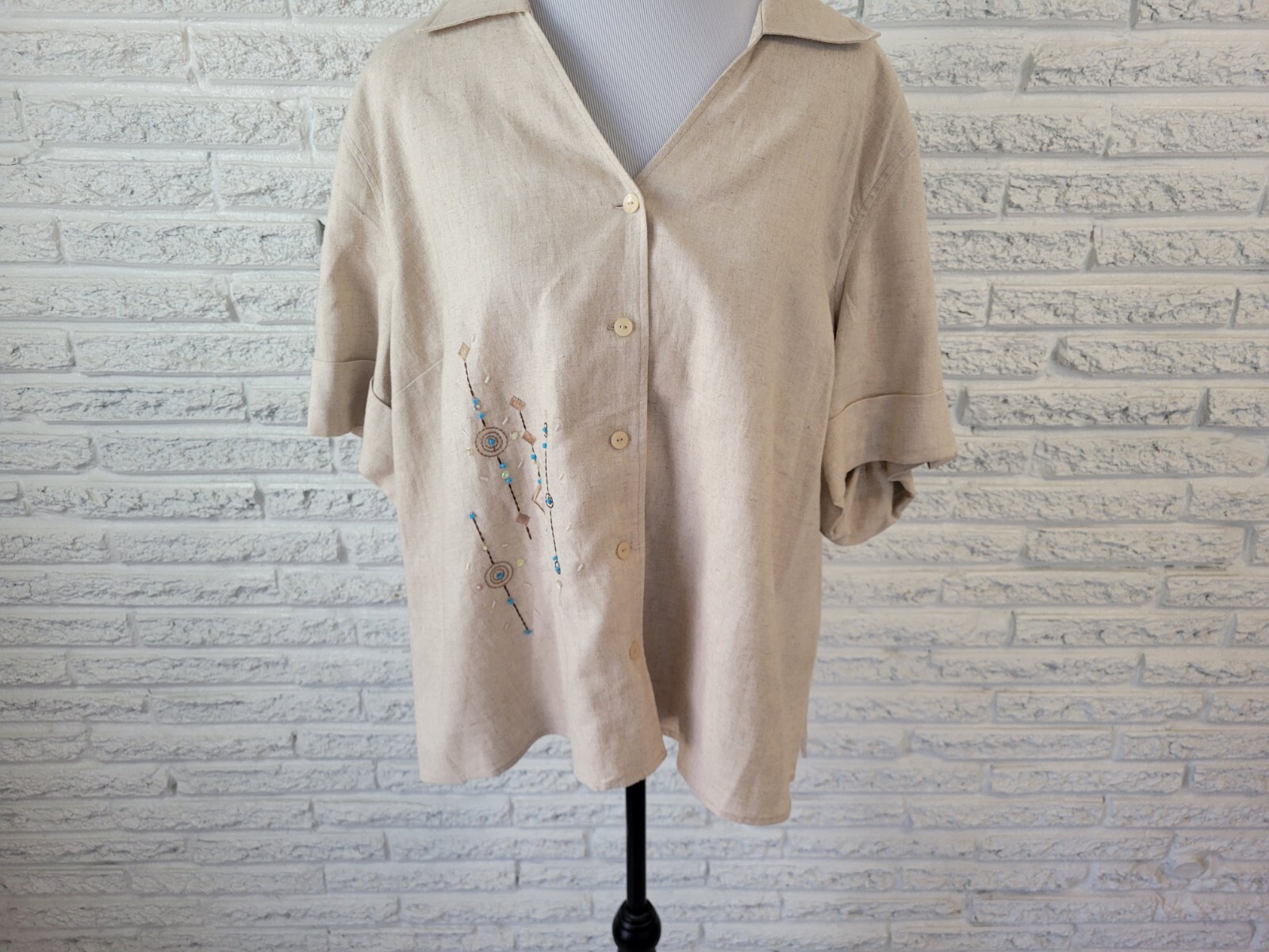 Requirements Petite 2XWP Shirt Blouse Beaded Embroidered Linen Rayon Roll Tab