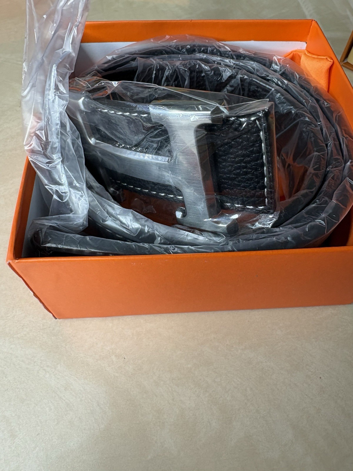 Hermès Black Leather Solid Belt, Silver Buckle, Includes Orange Hermès Box