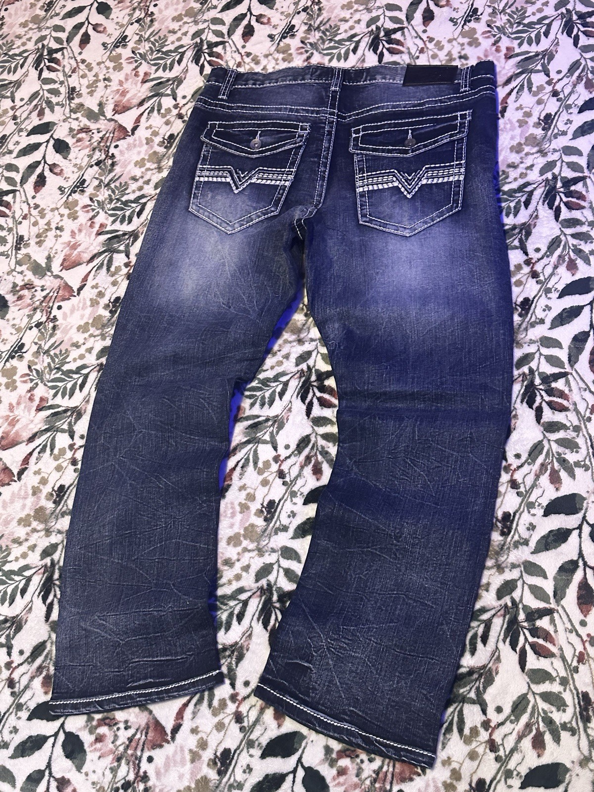 True Luck Men’s Blue Dark Wash Flared Denim Jeans 5-Pocket Button Zip(36×30)