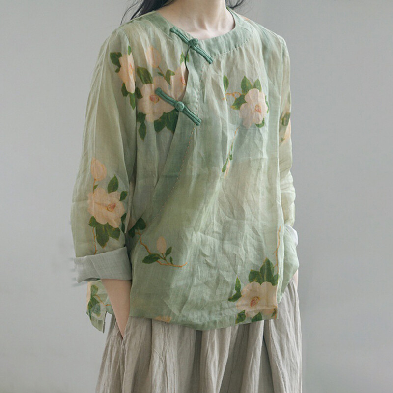 Chinese Style Cotton Linen Shirt Floral Tops Women’s Loose Retro Blouse T-Shirt