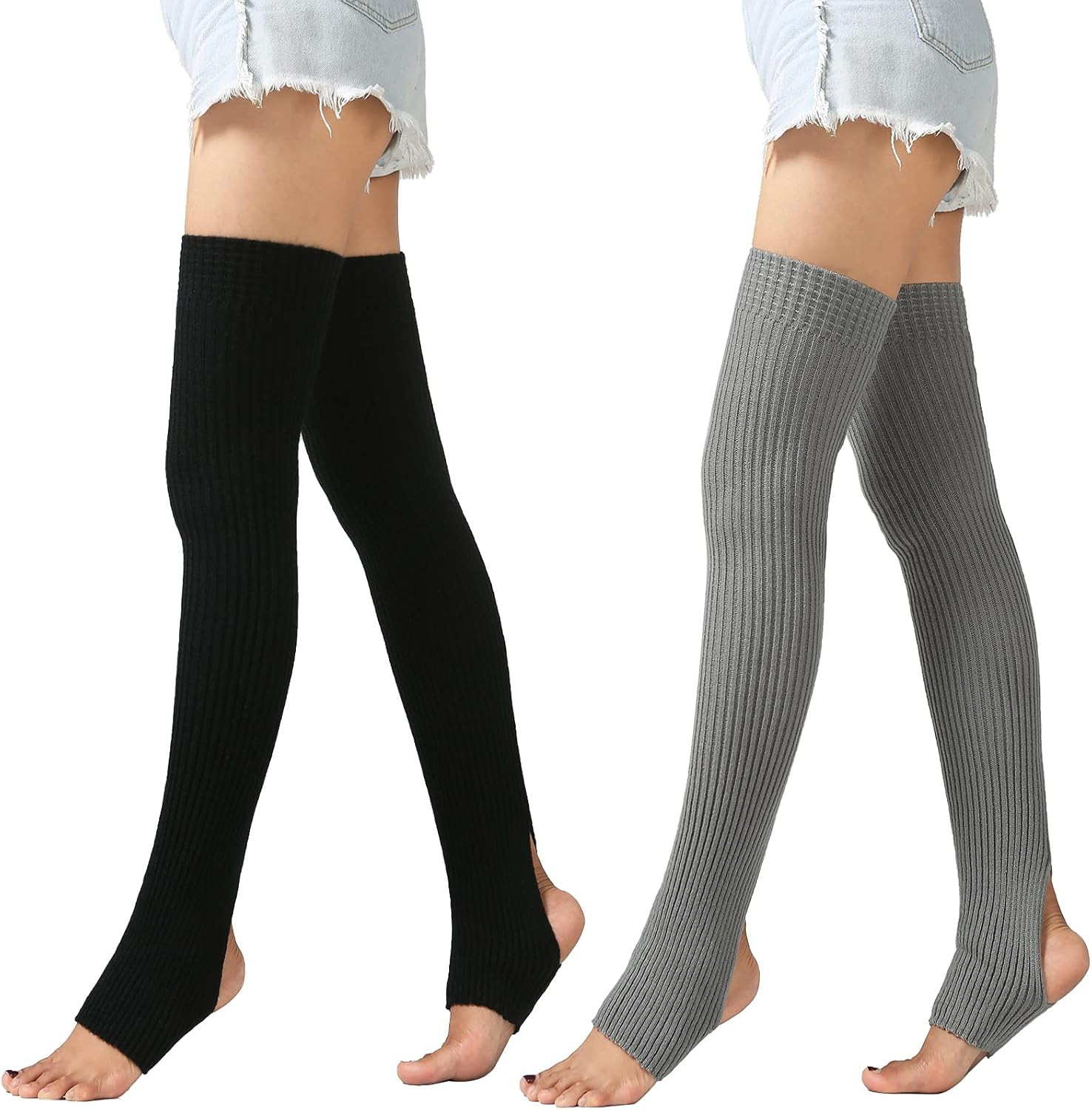 2 Pairs Long Stretch Knitted Stirrup Dance Ballet Leg Warmers Thigh High Socks o