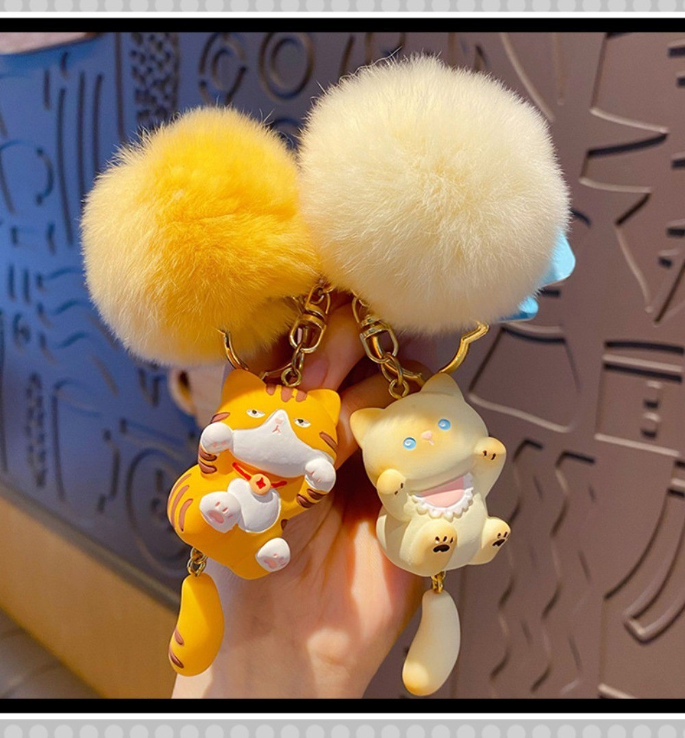 Resin cartoon plush ball keychain cow plush doll orange Siamese cat bag pendant