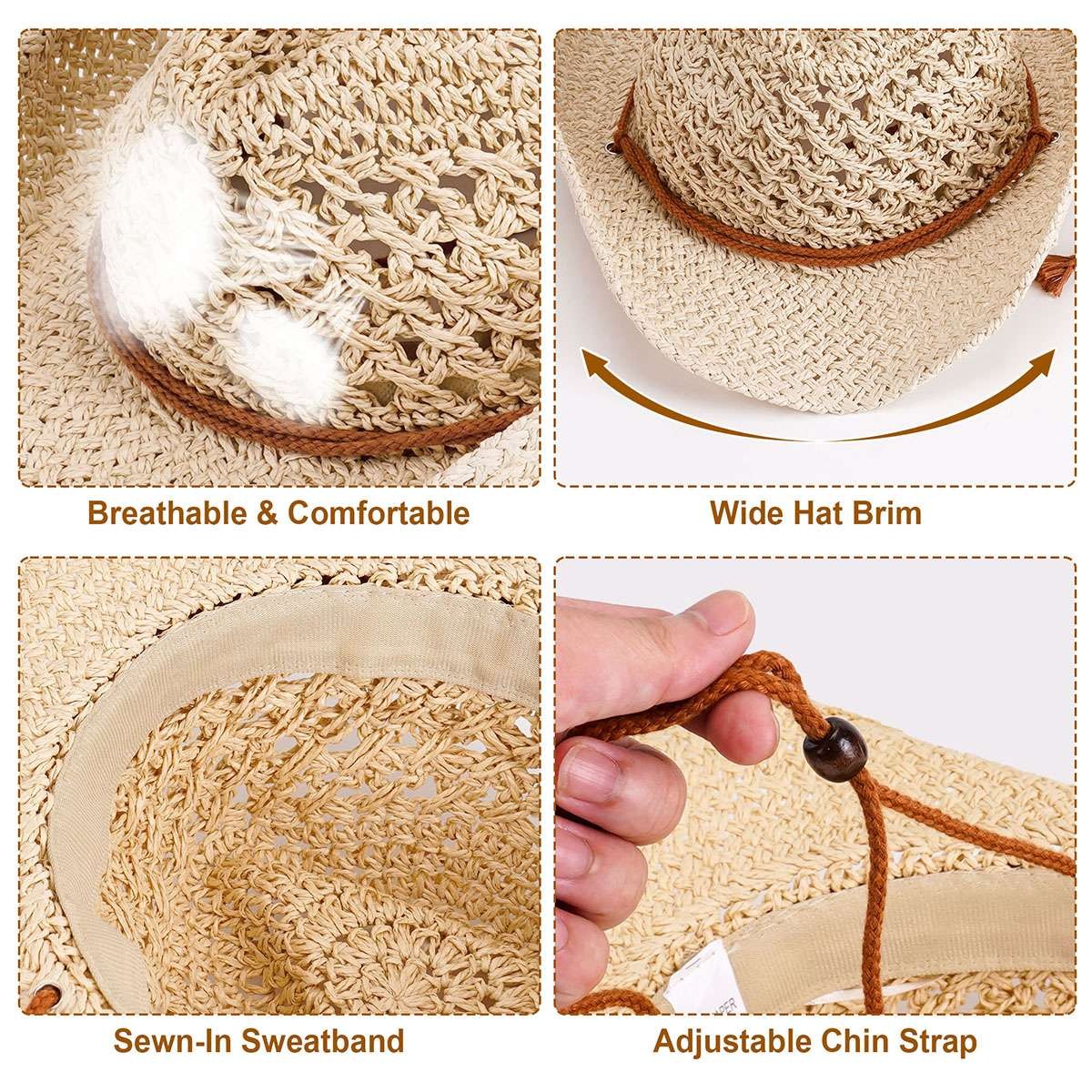 Women Men Western Cowboy Hat Straw Shapeable Wide Brim Cowgirl Summer Beach Hat