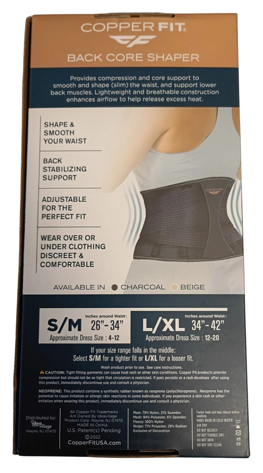 Copper Fit Women’s Core Shaper Back Support Shaper S/M Waist 26″-34″ – Charcoal