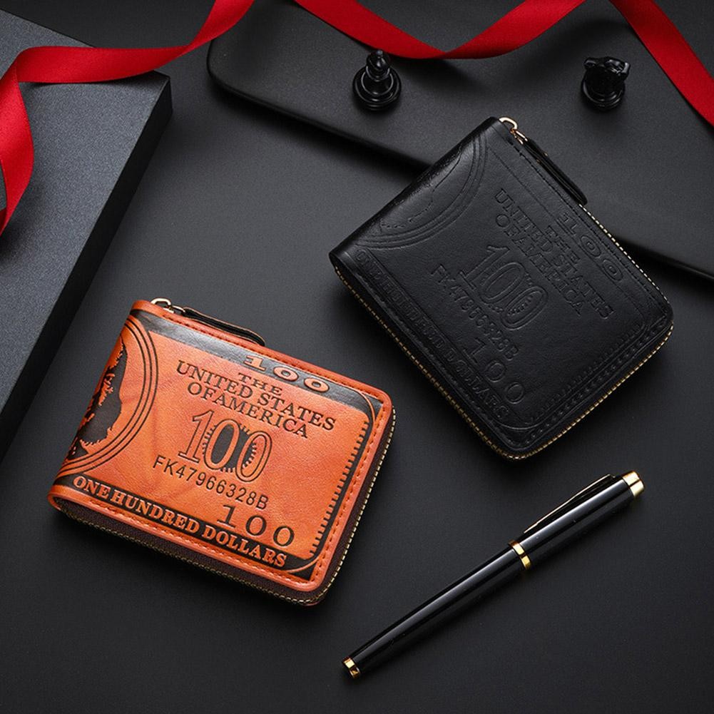 Men’s Wallets with 100 US Dollar Pattern Hasp Male Leather Wallet with Zipper
