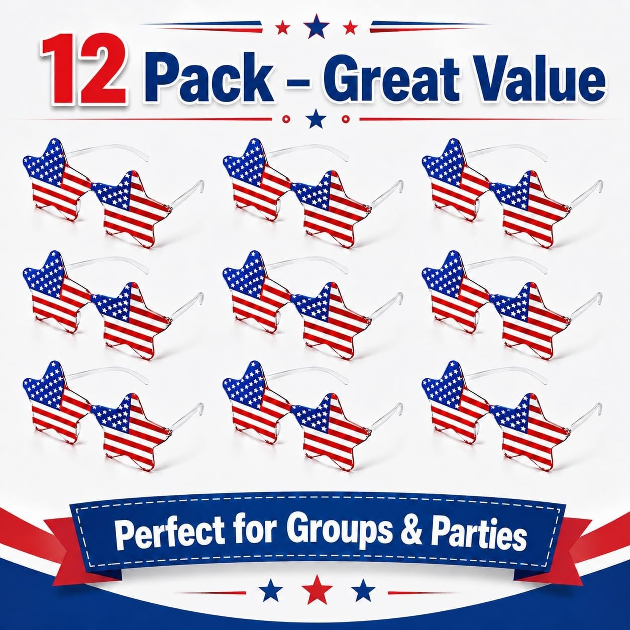 12PCS 4th of July Star Party Glasses USA Flag Red White Blue Costume Shades