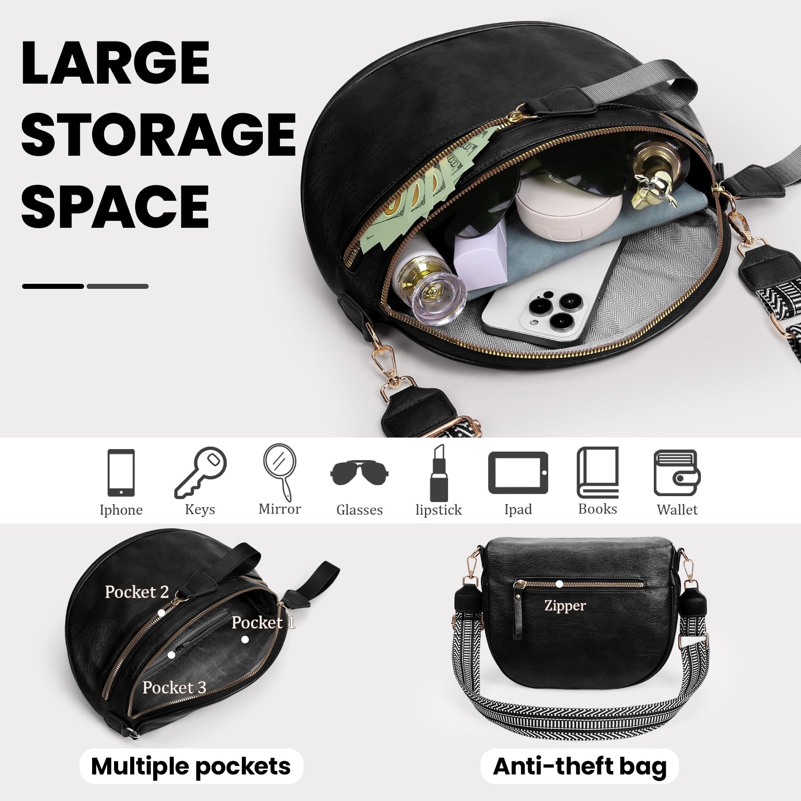 Leather Crossbody Fanny Pack Trendy Bum Bag Double Zip Multi Compartment with…