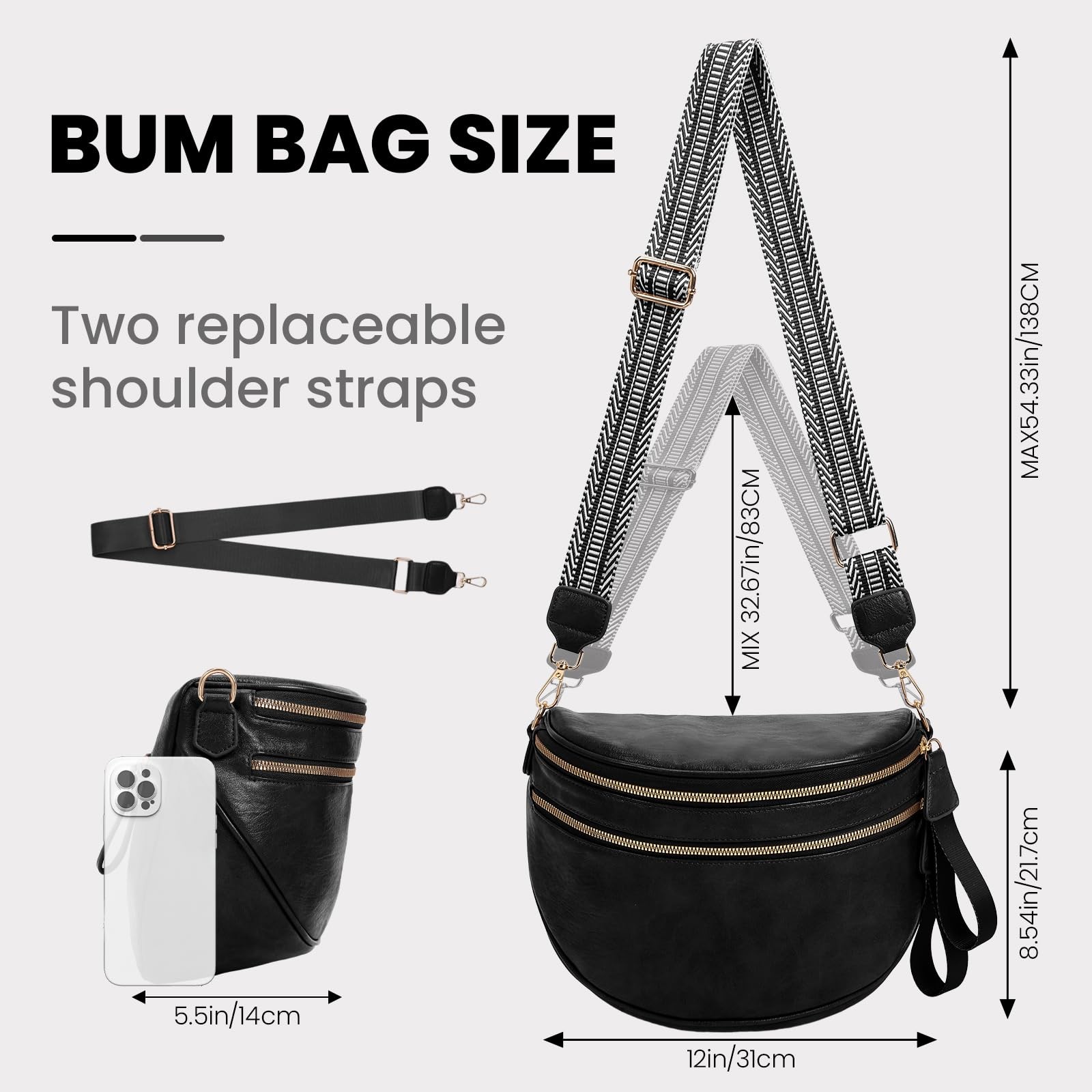 Leather Crossbody Fanny Pack Trendy Bum Bag Double Zip Multi Compartment with…