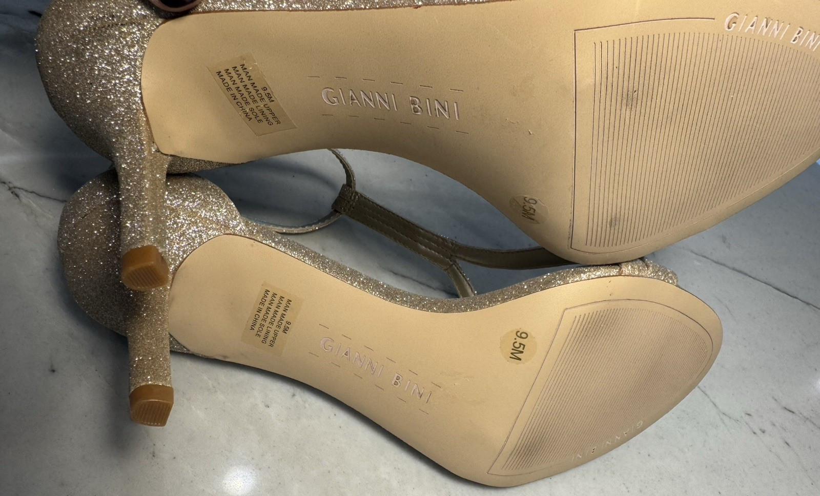 Gianni Bini Shaylinn sand gold t-strap strappy heels glitter sparkle shiny 9.5