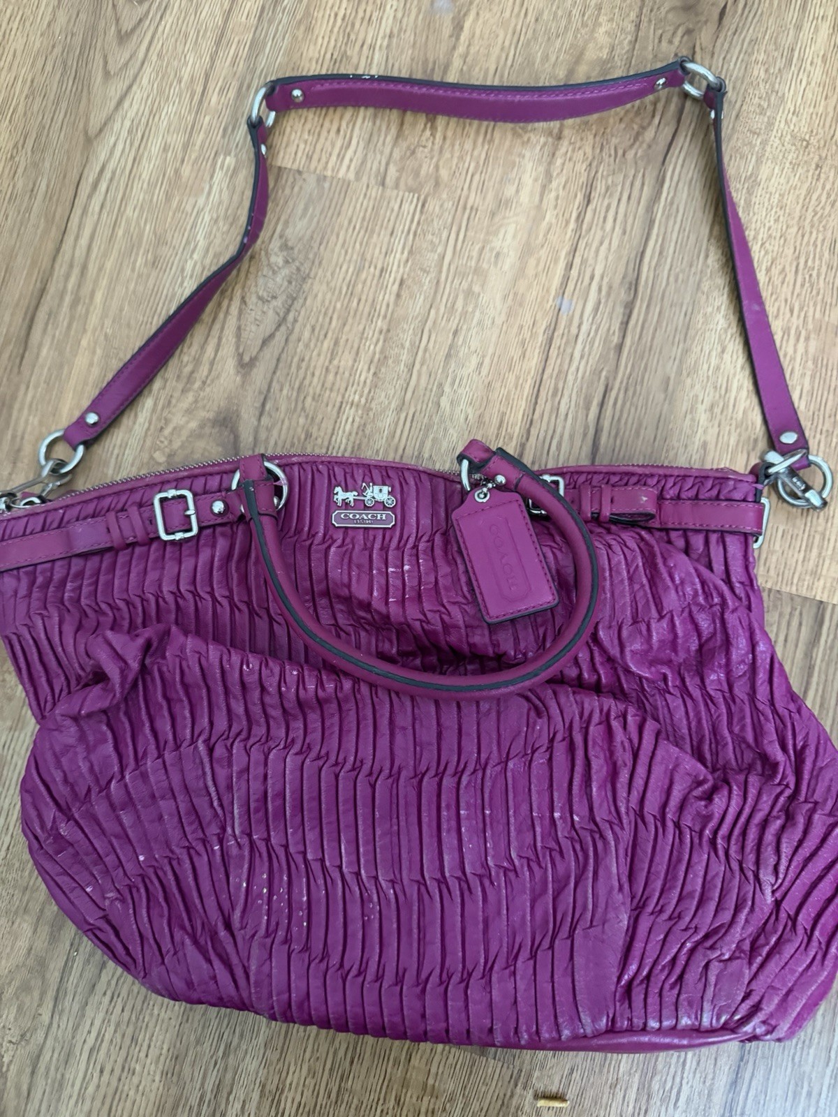 Coach Purple Pleated Satchel Top Handle Zip Bag Detachable Strap Silver HW