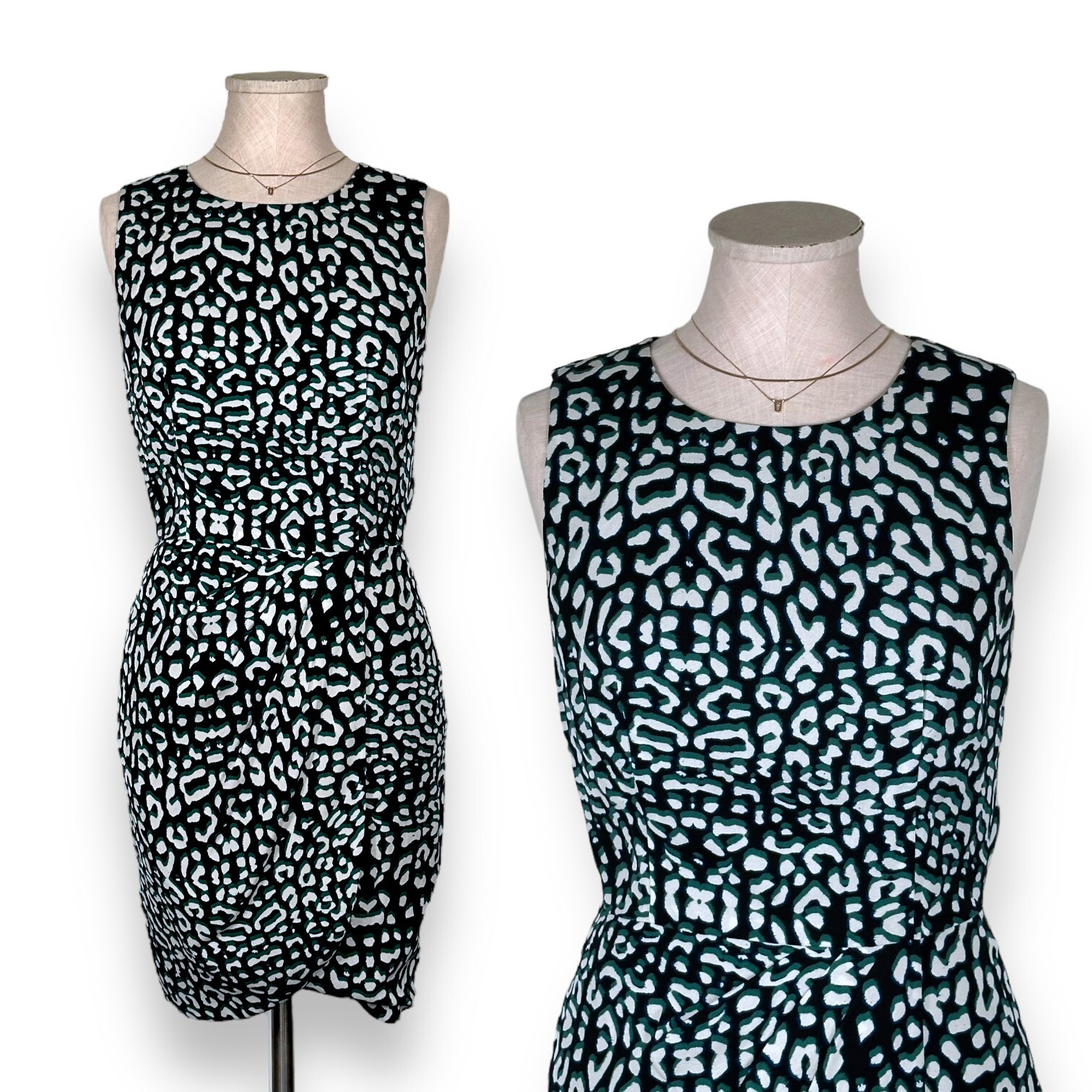 BARNEYS NEW YORK 100%Silk Jaguar Print Sheath Dress Pencil Front Slit Pleated