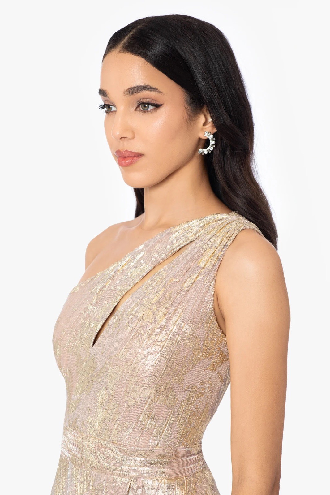 Betsy & Adam Metallic Rose Gold Floral One-Shoulder keyhole Dress Gown size 2