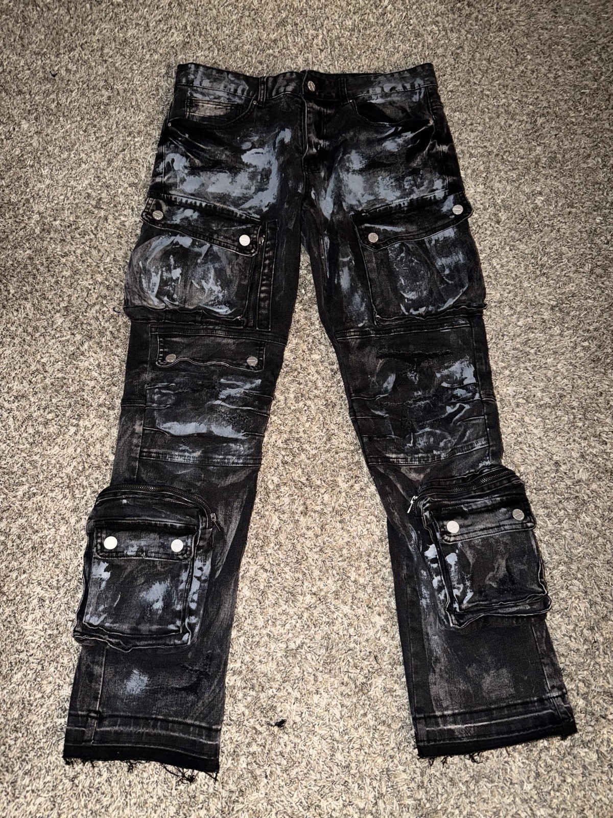 Men’s Distressed Cargo Paint Splatter Zipper Pocket Jeans Pants Stretch Black 34