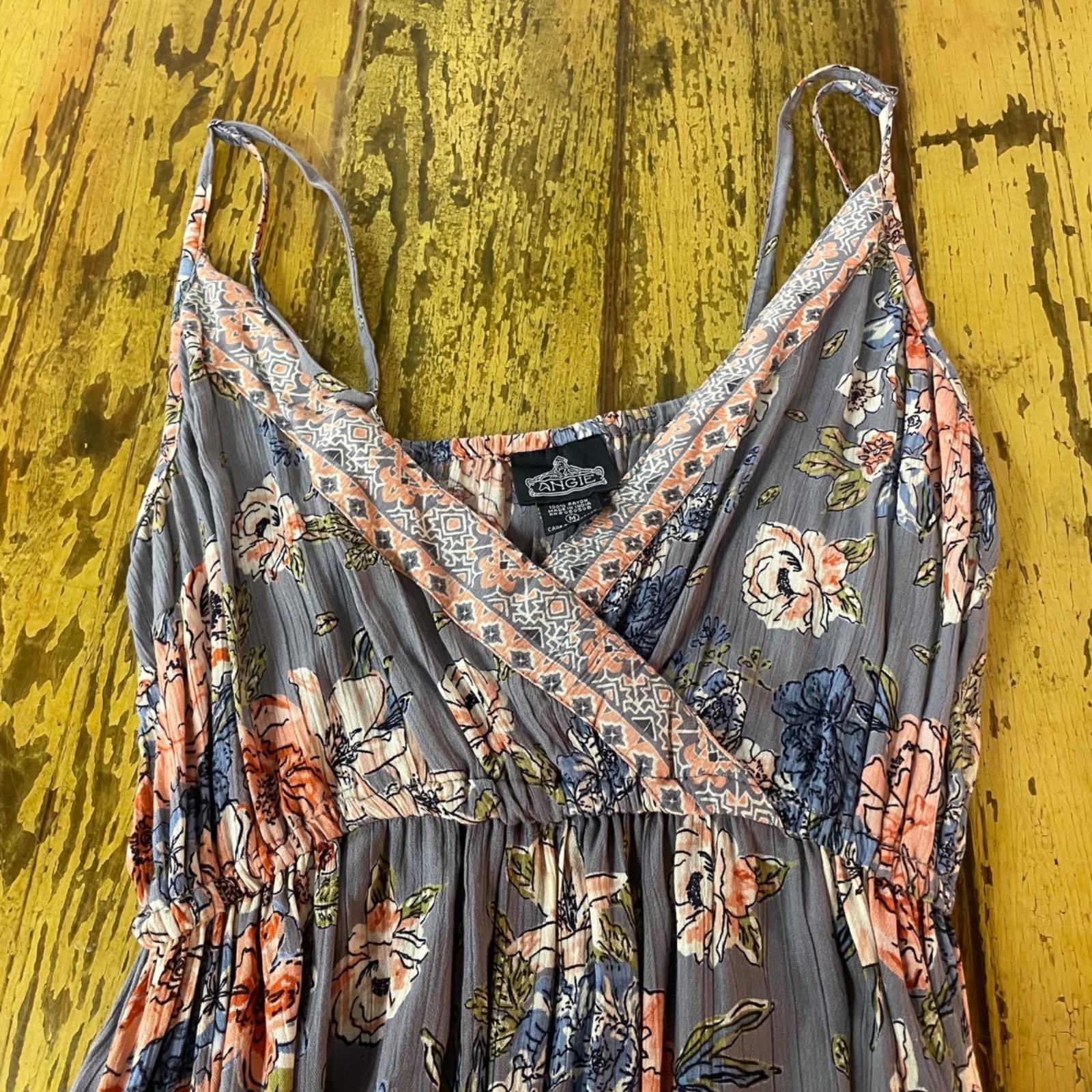 Angie Tiered Floral Ruffle Babydoll Maxi Dress Sz MED Boho Rayon Resort