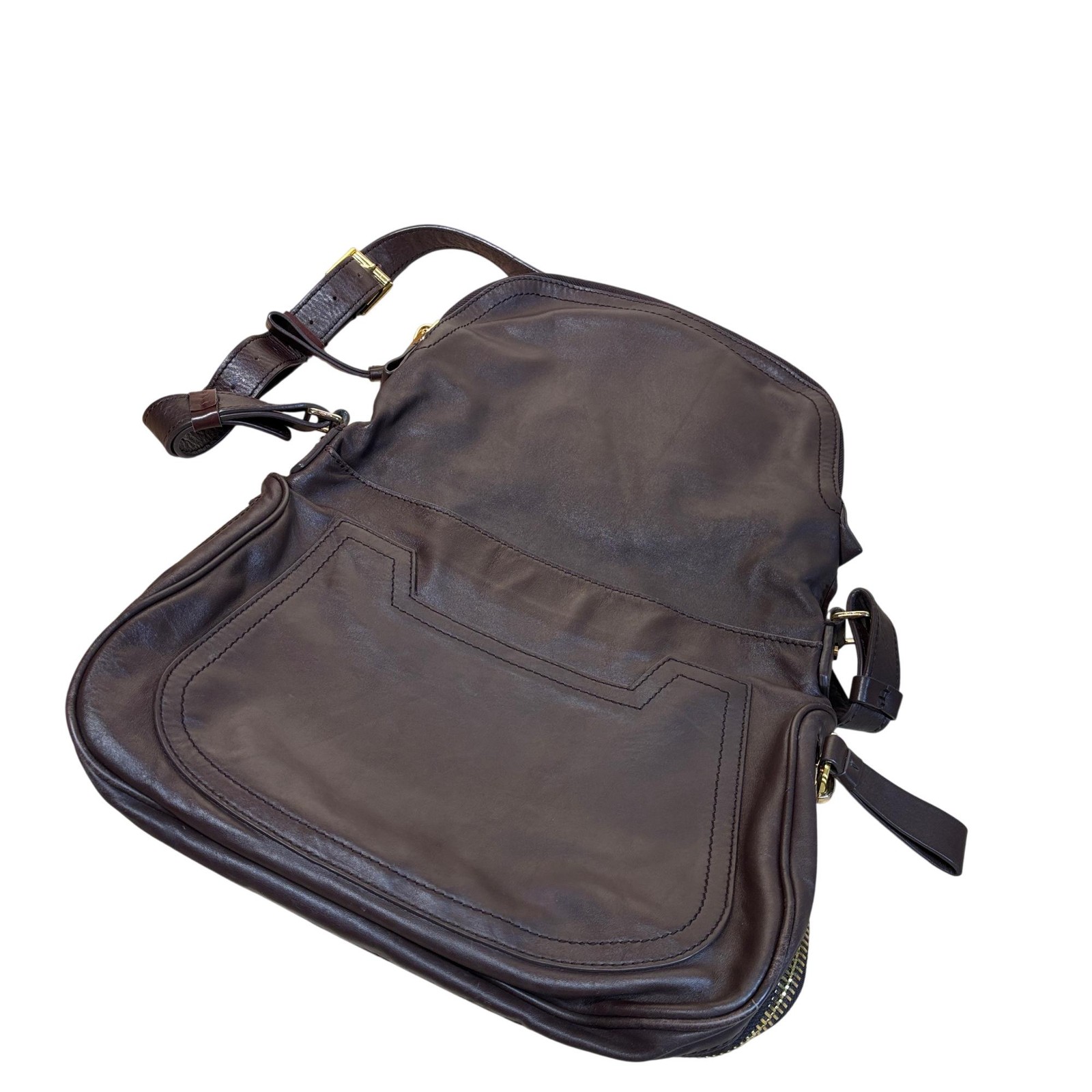 Tom Ford Jennifer Large Brown Calfskin Leather Crossbody Bag 14.25″L/4″W/11″H