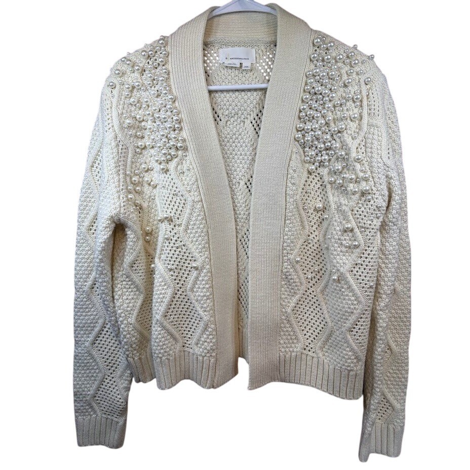Anthropologie Pearl Embellished Cardigan Sweater Ivory Cable Knit Open Front OS